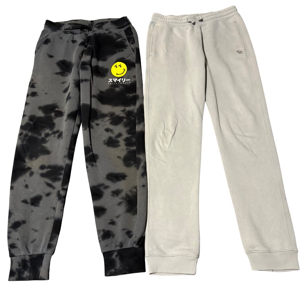 Lot 2 H&M Abercrombie Kids Joggers Boys 14 13/14 Grey Tie Dye Smiley Face Bundle